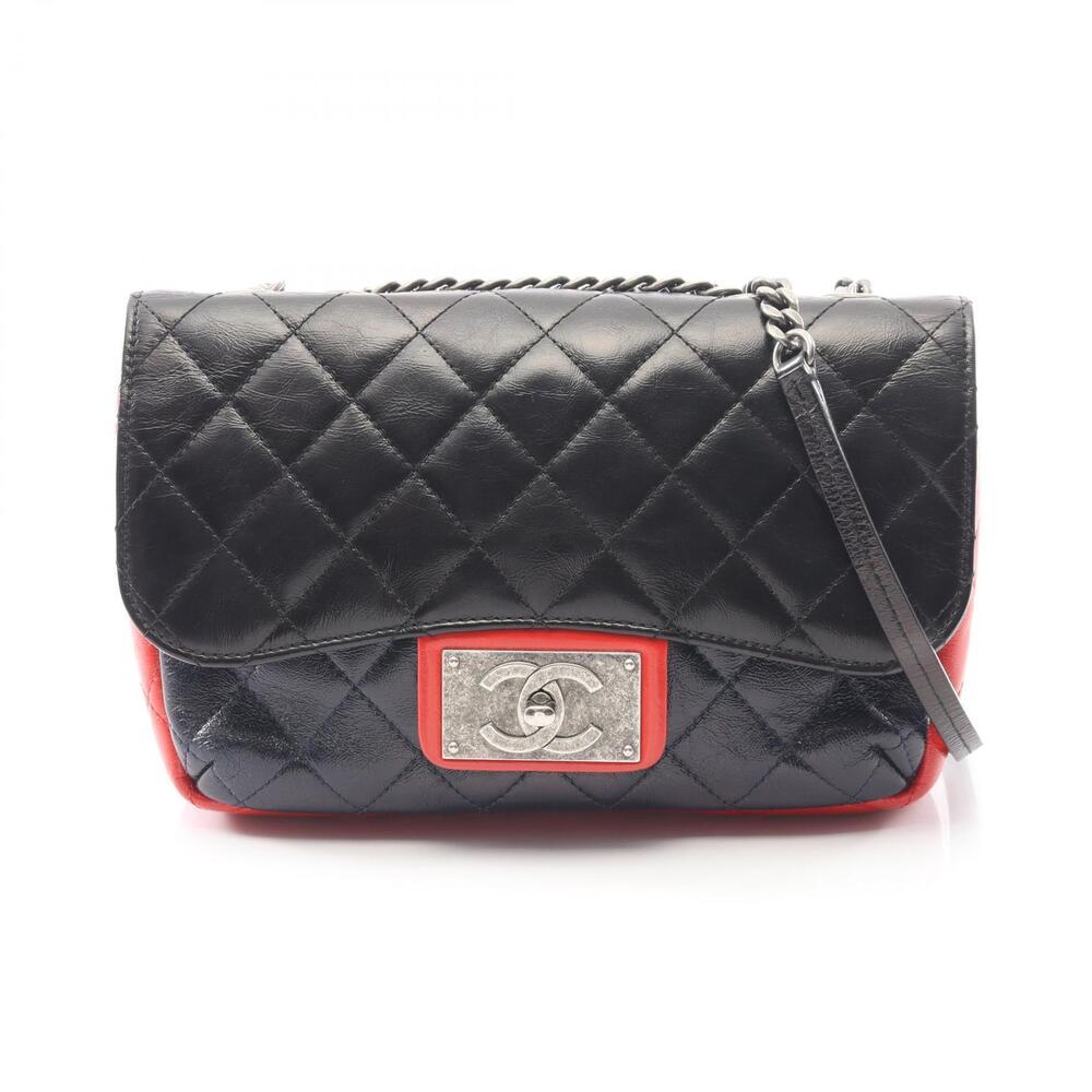 Chanel Matelasse Tricolor Shoulder Bag Leather Black Navy Blue Red
